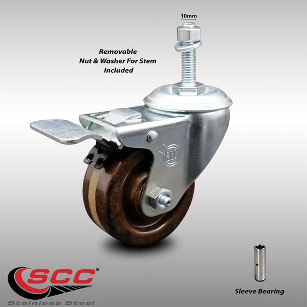3 Inch SS High Temp Phenolic 10mm Threaded Stem Caster with Total Lock Brake